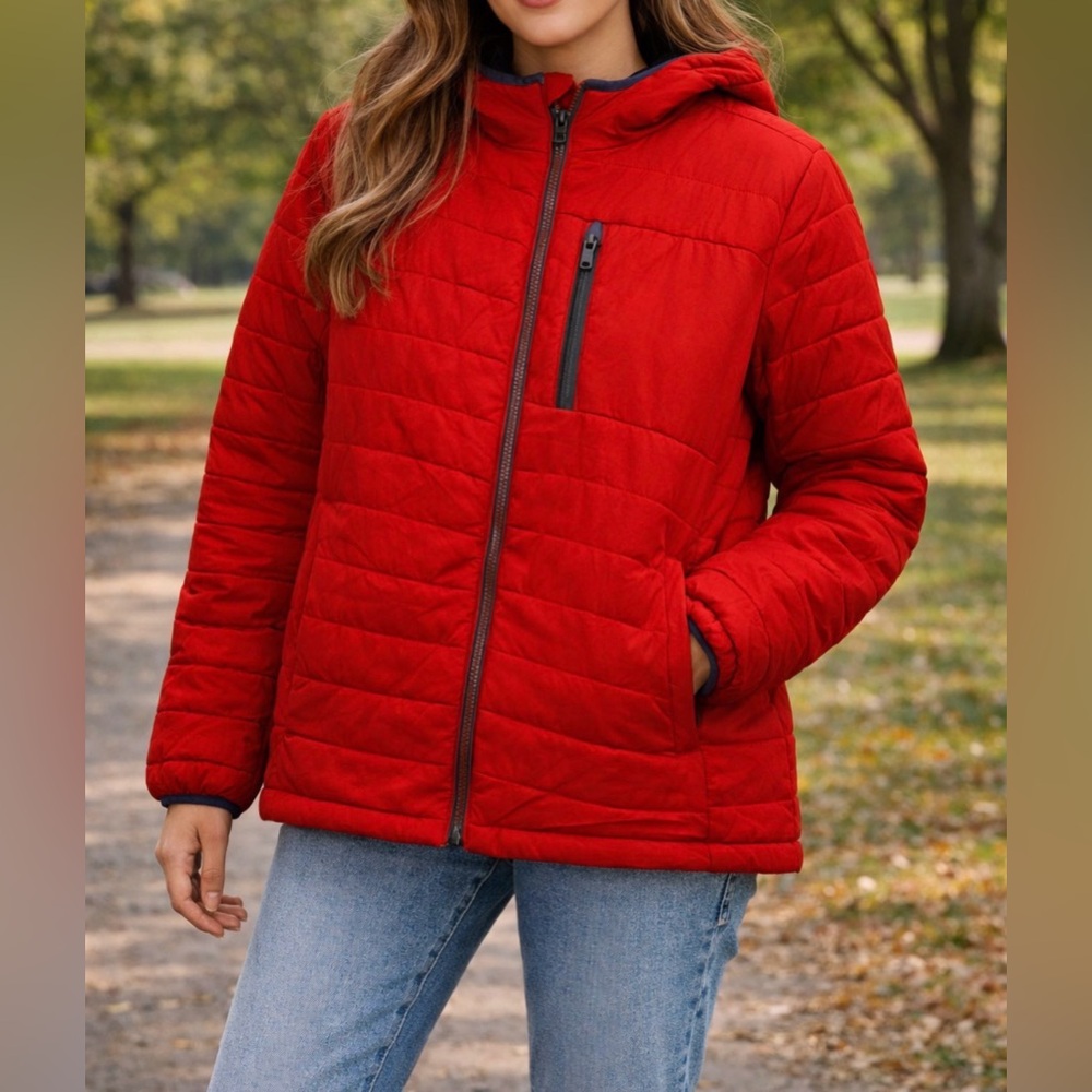 Lands’ End Red Quilted Puffer Jacket Hooded Full Zip XL GUC